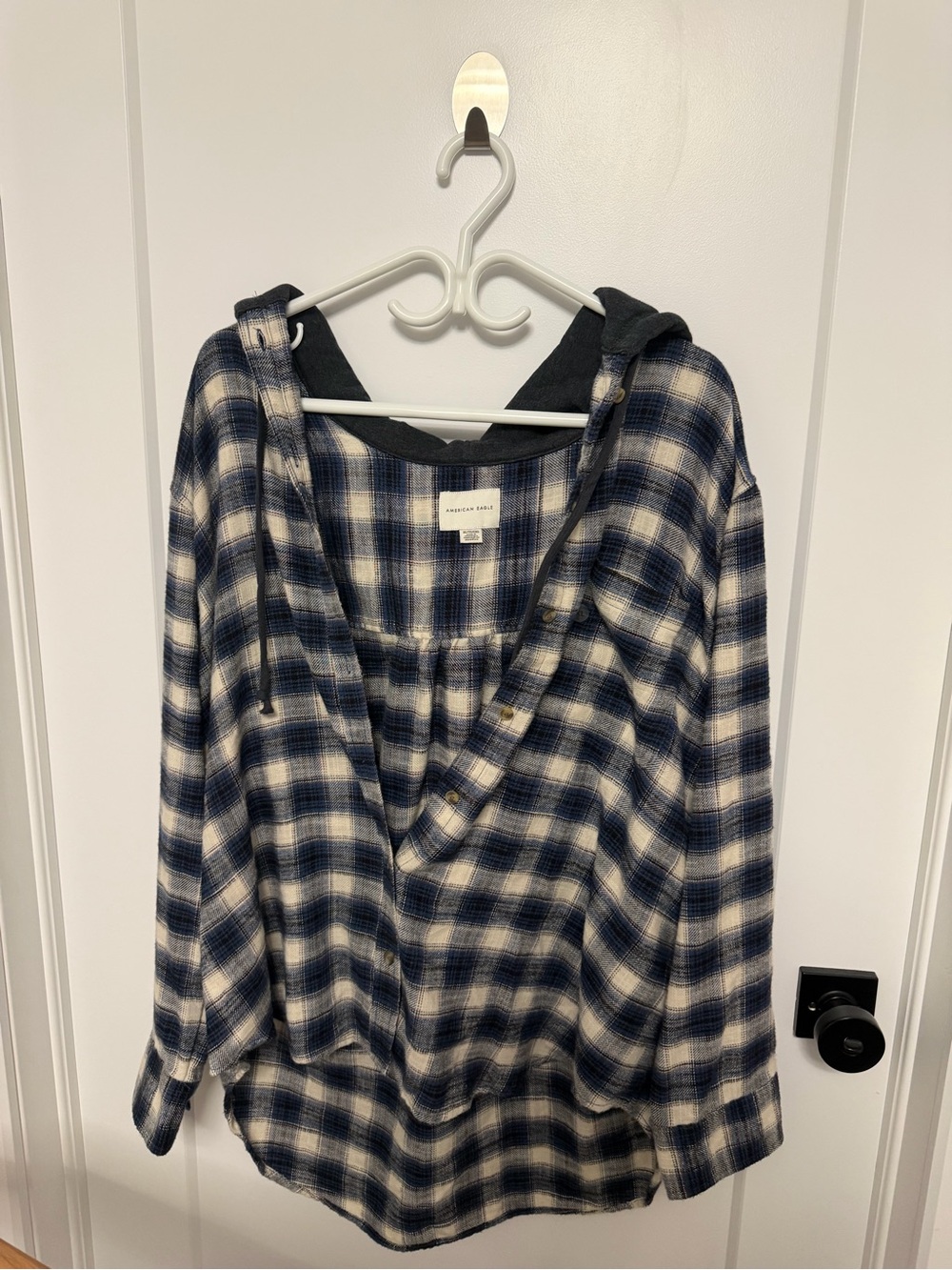 American Eagle Outfitters Navy and White Plaid Hooded Button-Down Shirt